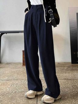 BROADSTAR - Women Navy Blue Pleated Korean Pant
