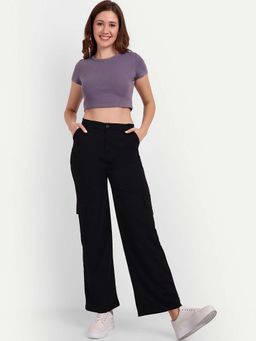 BROADSTAR - Women Black Smart Loose Fit High-Rise Easy Wash Cargo Trouser