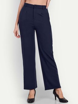 BROADSTAR - Women Navy Blue Smart High-Rise Easy Wash Straight Fit Parallel Trouser
