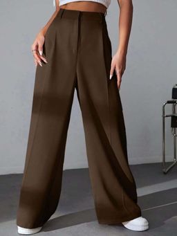 BROADSTAR - Women Brown High Waist Pleated Korean Pant