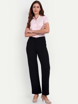 BROADSTAR - Women Black Flat-Front High Rise Stretchable Formal Parallel Pant