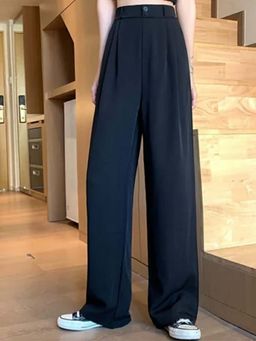 BROADSTAR - Women Black Smart Loose Fit High Rise Easy Wash Casual Trouser