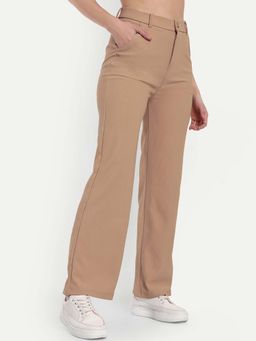 BROADSTAR - Women Dark Beige Smart Straight Fit High-Rise Corduroy Trouser