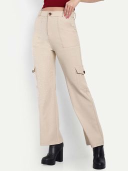 BROADSTAR - Women Beige Smart Straight Fit High-Rise Easy Wash Corduroy Trouser