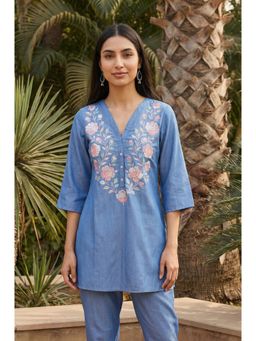 Aurelia - Blue Embroidered V-Neck Kurti