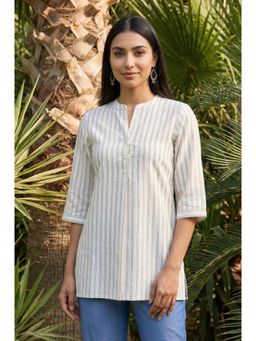 Aurelia - Off White Stripes Mandarin Neck Kurti