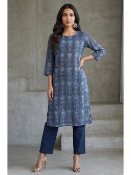 Folksong - Blue Printed Round Neck Kurta