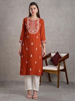 FASHOR - Rust Embroidered Round Neck Kurta