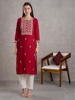 FASHOR - Maroon Embroidered Round Neck Kurta