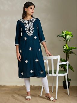 FASHOR - Teal Embroidered Round Neck Kurta