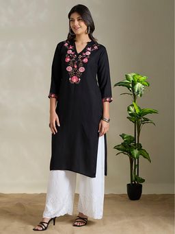 FASHOR - Black Embroidered Mandarin Neck Kurta