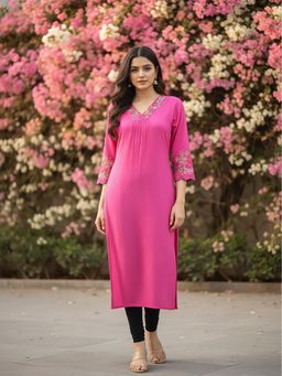 FASHOR - Magenta Solid/Plain V-Neck Kurta