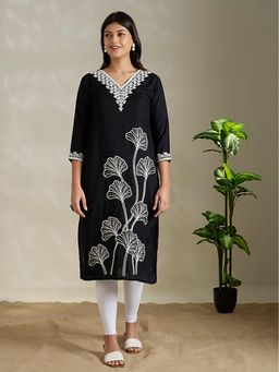 FASHOR - Black Embroidered V-Neck Kurta