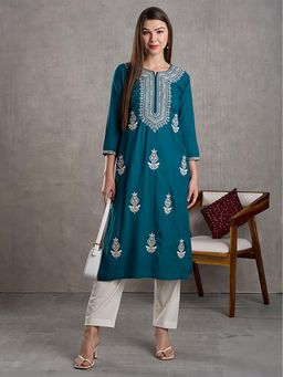 FASHOR - Teal Embroidered Round Neck Kurta