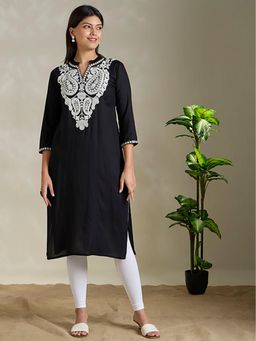 FASHOR - Black Embroidered Mandarin Neck Kurta