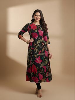 FASHOR - Black Floral Round Neck Kurta