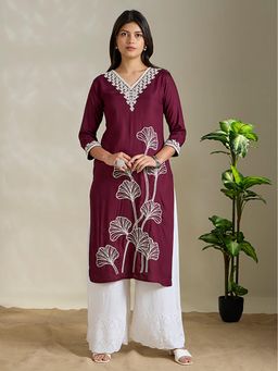 FASHOR - Burgundy Embroidered V-Neck Kurta