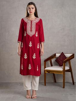 FASHOR - Red Embroidered Round Neck Kurta