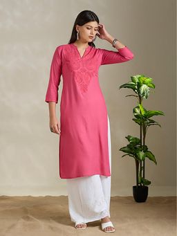FASHOR - Pink Embroidered Mandarin Neck Kurta