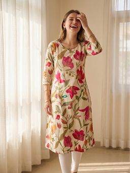 FASHOR - Beige Floral Round Neck Kurta