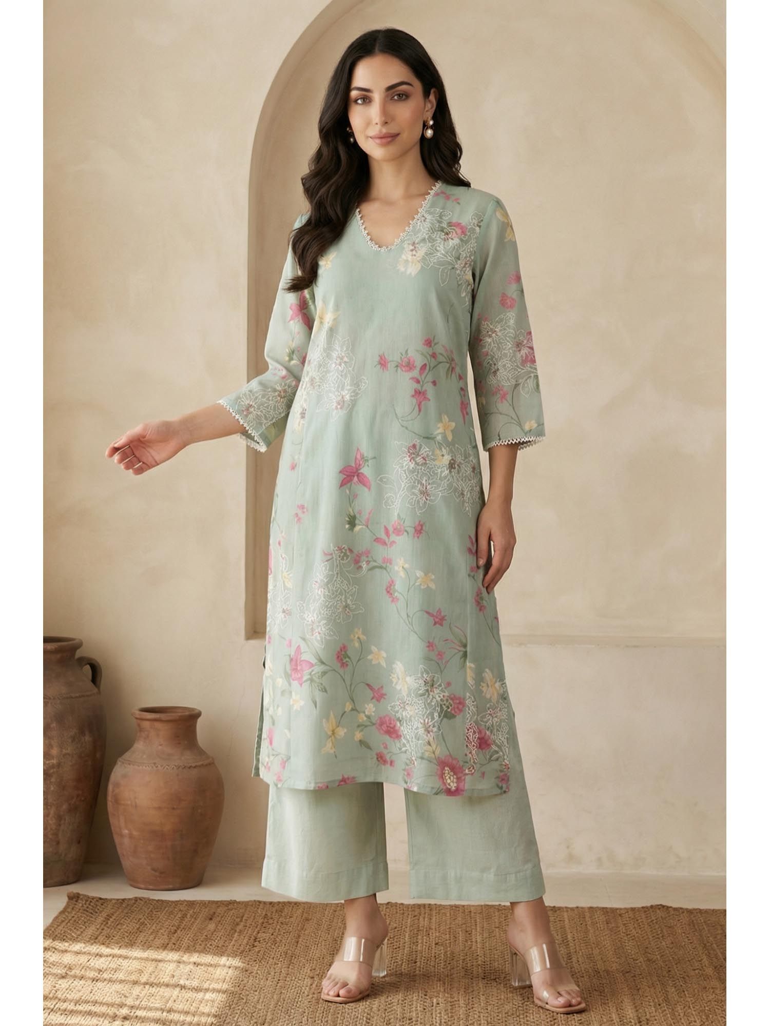 Green Floral V-Neck Kurta-image-3