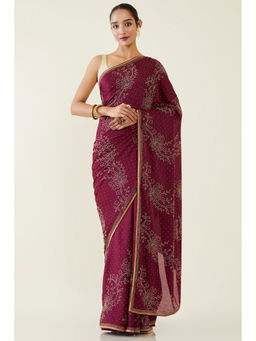 Soch - Women Wine Crepe Embellished & Sequined Saree with Unstitched Blouse