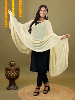 Hella Fashions - Beige Mirror Work Dupatta