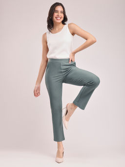 FableStreet - Women LivIn Striped Relaxed Bootcut Trousers - Green
