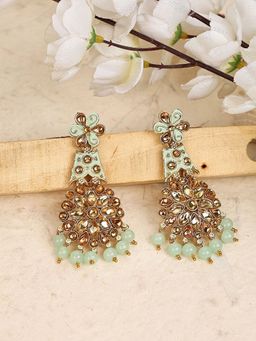 Anika's Creations - Traditional Sea Green & Gold Toned Tear Drop Shaped Drop Earrings