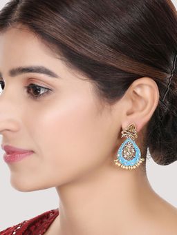 Anika's Creations - Traditional Enamelled Blue & Gold Toned Tear Drop Shaped Drop Earrings