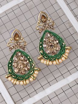 Anika's Creations - Traditional Green Enamelled Tear Drop Shape Pearl And Stone Stud Earrings