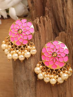 Anika's Creations - Traditional Green Enamelled Floral Shape Pink Pearl And Stone Danglers Earrings