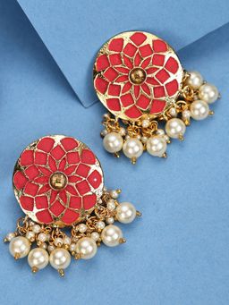 Anika's Creations - Traditional Red Enamelled Floral Shape Pearl And Stone Danglers Earrings