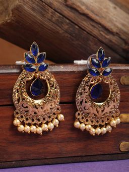 Anika's Creations - Exclusive Blue & Gold Floral Design Brass Drop Earrings