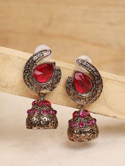 Anika's Creations - Magenta And Gold Tone Stone Studded Designer Jhumki Earrings