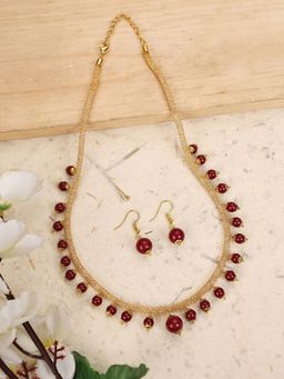 Anika's Creations - Elegant Pearl And Ad Stone Sleek Maroon Jewellery Set