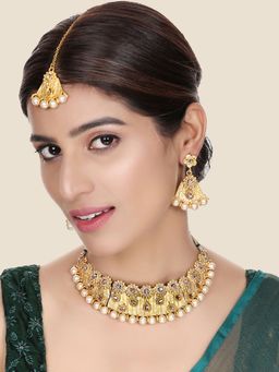 Anika's Creations - Designer Gold Plated White Matte Finish Necklace with Earrings & Maang Tikka