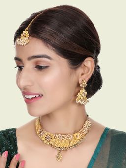 Anika's Creations - Designer Gold Plated Traditional Matte White Necklace with Earrings & Maang Tikka