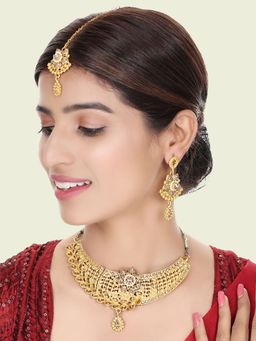 Anika's Creations - Designer Gold Plated Traditional Matte Brown Necklace with Earrings & Maang Tikka