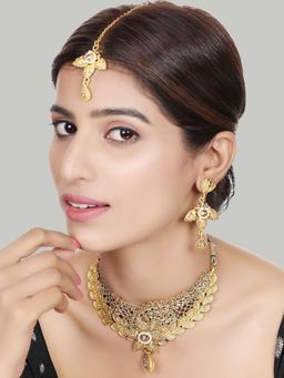 Anika's Creations - Designer Gold Plated Traditional Matte Finish Necklace with Earrings & Maang Tikka