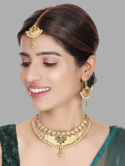 Anika's Creations - Designer Gold Plated Traditional Matte Finish Necklace with Earrings & Maang Tikka