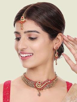 Anika's Creations - Red Cubic Zirconia Traditional Gold Plated Choker Jewellery Set For Women & Girls