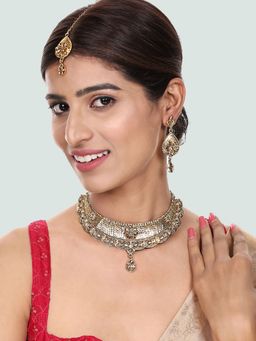 Anika's Creations - Designer Gold Plated Traditional Matte Finish Necklace with Earrings & Maang Tikka