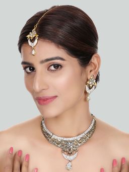 Anika's Creations - Designer Antique Polish Traditional Necklace with Earrings & Maang Tikka