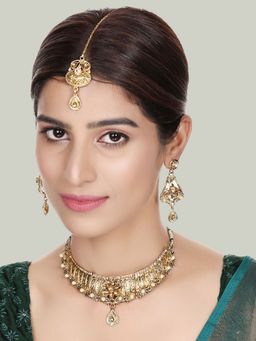 Anika's Creations - Designer Gold Plated Traditional Matte Finish Necklace with Earrings & Maang Tikka