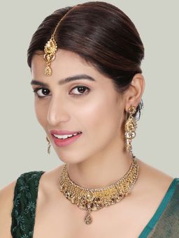 Anika's Creations - Designer Gold Plated Traditional Matte Finish Necklace with Earrings & Maang Tikka