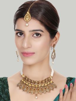 Anika's Creations - Designer Gold Plated Traditional Matte Finish Necklace with Earrings & Maang Tikka