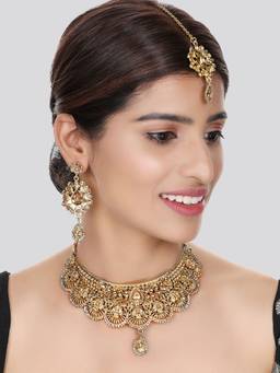 Anika's Creations - Designer Gold Plated Traditional Matte Finish Necklace with Earrings & Maang Tikka