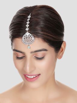 Anika's Creations - Silver Plated Stylish Mint Green American Diamond Maang Tikka