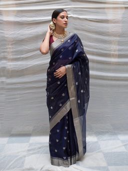PRIYANKA RAAJIV - Devi Navy Blue Chanderi Saree with Lotus Butis with Unstitched Blouse